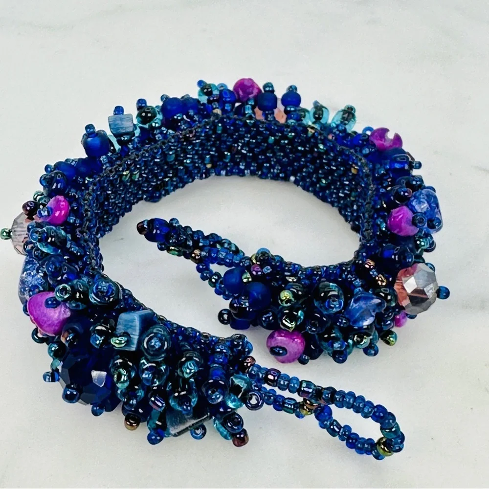 Purple and Blue Handmade Glass Bead Bracelet With Natural Stones Bead Stew 7”